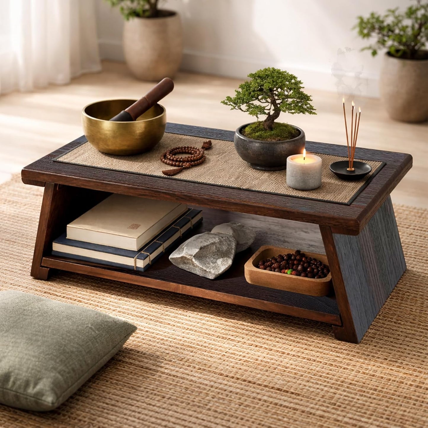 Japanese Low Floor Table Folding Coffee Tables,23''x13.5'' Paulownia Wood Tables Tatami Tables Meditation Table Altar with Storage