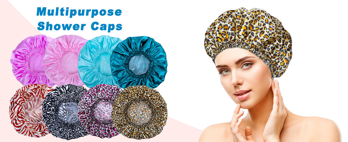 Shower Cap for Women, Double Layer Waterproof Bath Cap, Reusable Hair Protector, Large Waterproof Shower Bonnet Washable Elastic Band Bath Hair Hat for Long Hair, Braids, - Pink