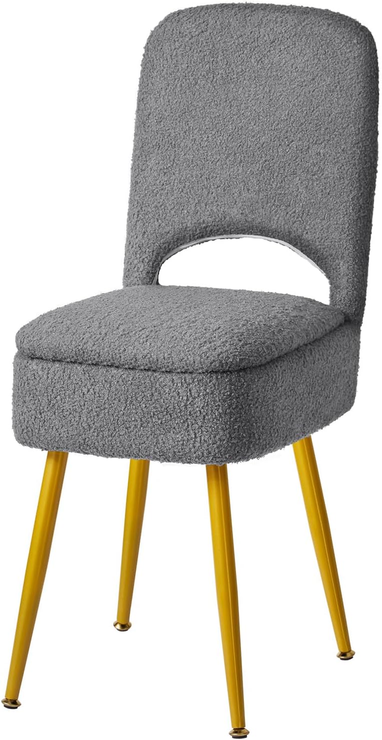 Small Storage Vanity Stool with Folding Backrest, 12.99" x 13.78" x 31.5" Square Teddy Velvet Ottoman, Makeup Chair for Living Room, 4 Metal Legs with Anti-Slip Feet, White WBD027W
