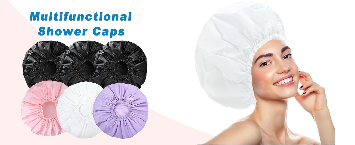 Shower Cap for Women, Double Layer Waterproof Bath Cap, Reusable Hair Protector, Large Waterproof Shower Bonnet Washable Elastic Band Bath Hair Hat for Long Hair, Braids， - Pink