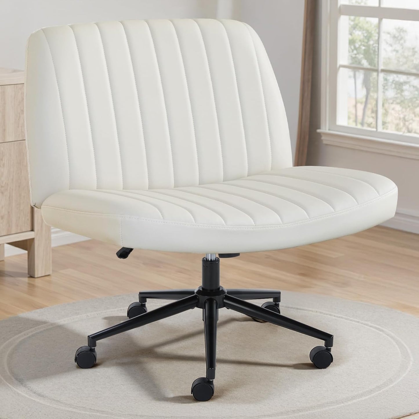 Criss Cross Chair with Wheels Wide Cross Legged Office Desk Vanity Chair Comfy Fabric Armless Adjustable Swivel for Home Computer Task Teddy Pink