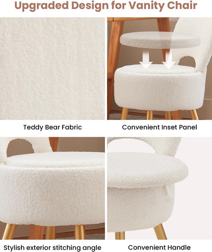 Small Vanity Stool Chair with Storage and Folding Back,4 Metal Legs with Anti-Slip Feet,Round Ottoman with Velvet Seat, Furry Padded Seat for Makeup, Bedroom (Black, Small)