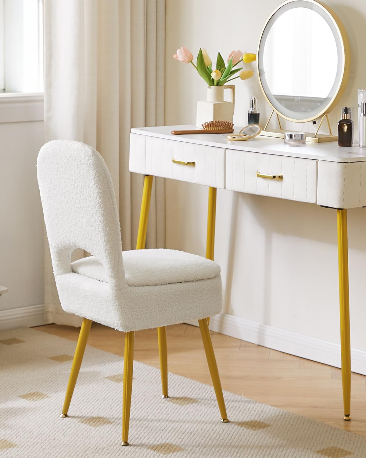 Small Storage Vanity Stool with Folding Backrest, 12.99" x 13.78" x 31.5" Square Teddy Velvet Ottoman, Makeup Chair for Living Room, 4 Metal Legs with Anti-Slip Feet, White WBD027W