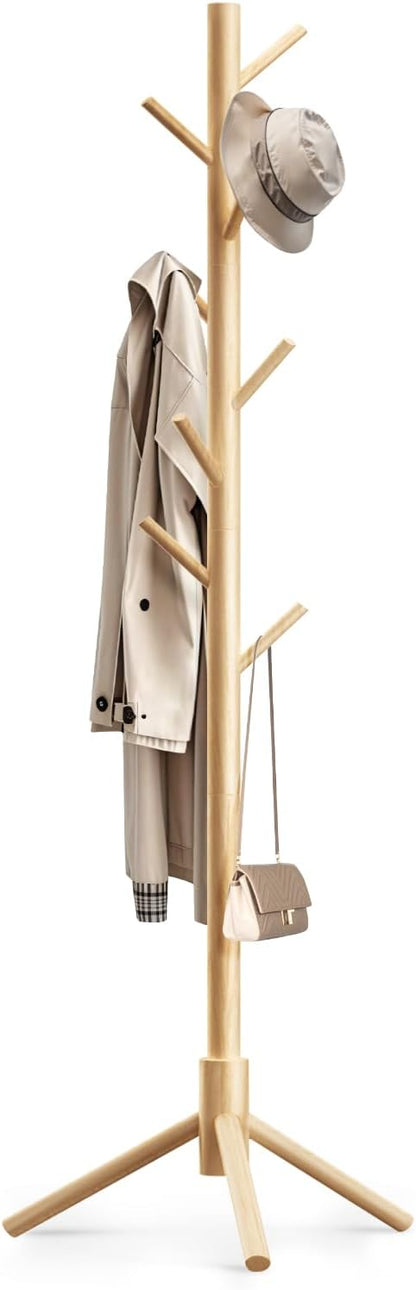 Coat Rack Freestanding with 8 Hooks,Easy Assembly New Zealand Pine Tree Coat Racks, 3 Adjustable Sizes for Clothes, Hats, Bags, for Entryway, Hallway, Bedroom, Office (White, 1 PC)