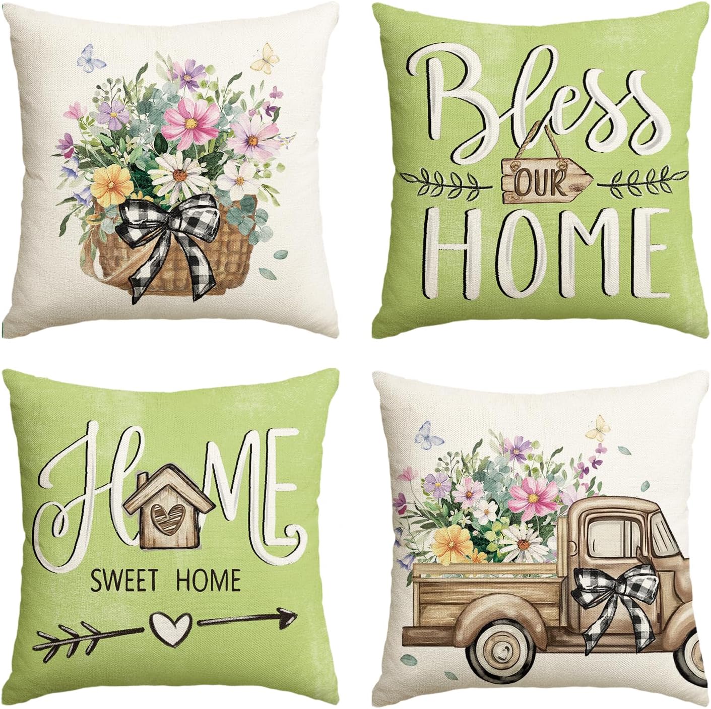 colorlife Bless Our Home Farmhouse Eucalyptus Leaves Throw Pillow Covers, 18 x 18 Inch Truck Home Sweet Home Cushion Case Decorations Set of 4