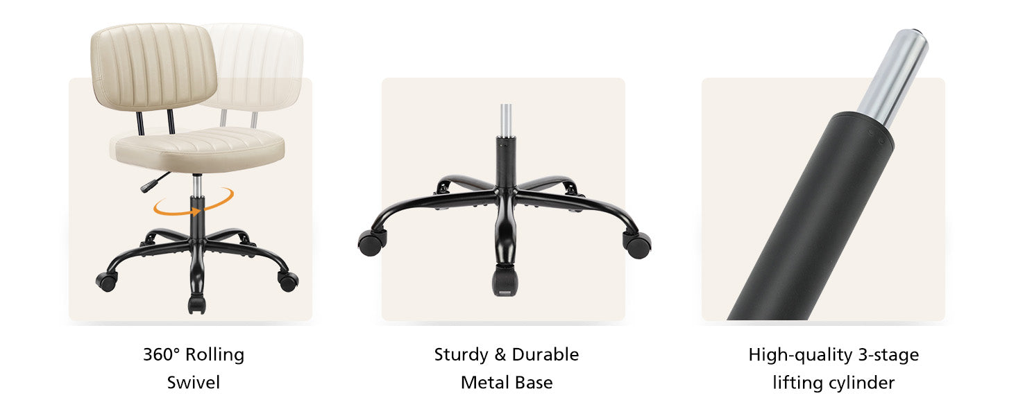 Small Office Desk Chair - Armless PU Leather with Comfy Lumbar Support, Height Adjustable Rolling Swivel Task for No Arms, for Adult, Student, Bedroom, Home, Vanity, Beige White