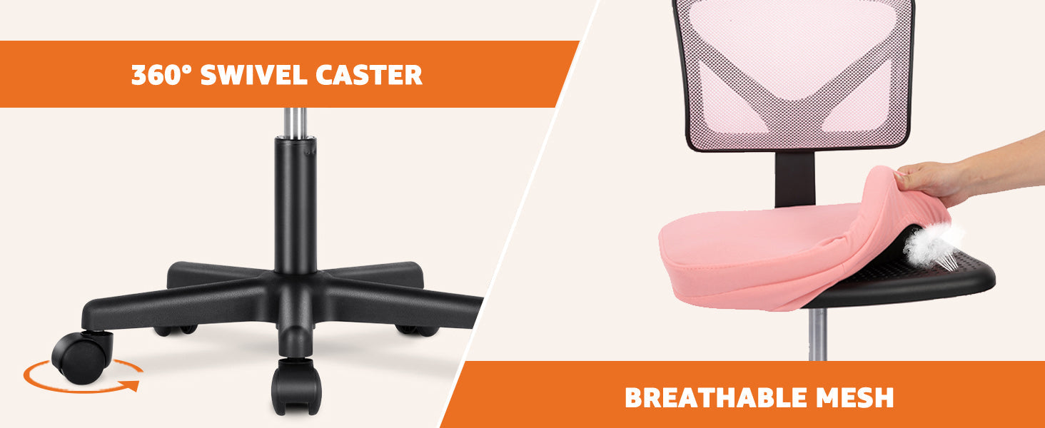 Small Desk Chair, Ergonomic Low-Back Mesh Rolling Work Swivel Chairs with Wheels, Armless Comfortable Seat Lumbar Support for Home, Bedroom, Study, Student, Adults,Classic Pink