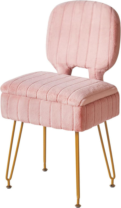 Small Storage Vanity Stool with Folding Backrest, 12.99" x 13.78" x 31.5" Square Teddy Velvet Ottoman, Makeup Chair for Living Room, 4 Metal Legs with Anti-Slip Feet, White WBD027W