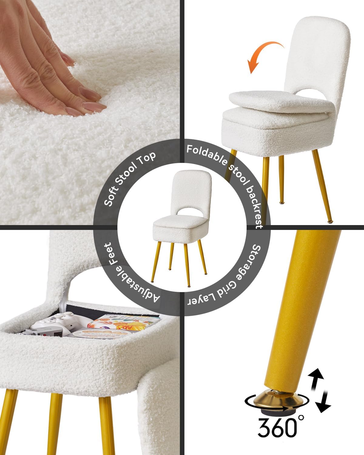 Small Storage Vanity Stool with Folding Backrest, 12.99" x 13.78" x 31.5" Square Teddy Velvet Ottoman, Makeup Chair for Living Room, 4 Metal Legs with Anti-Slip Feet, White WBD027W