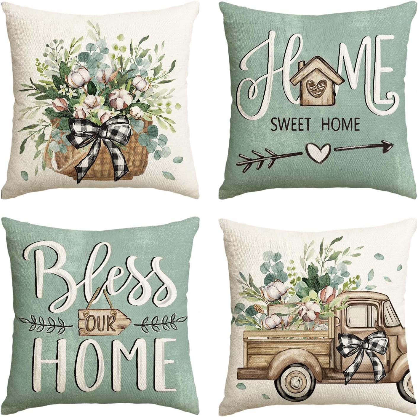 colorlife Bless Our Home Farmhouse Eucalyptus Leaves Throw Pillow Covers, 18 x 18 Inch Truck Home Sweet Home Cushion Case Decorations Set of 4