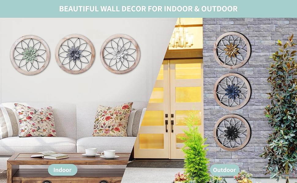 Paquesta 3 Piece Round Farmhouse Wall Decor with 6 Piece Interchangeable Flowers 12'' Medallion Wood & Metal Rustic Wall Art for Living Room Bedroom Kitchen Bathroom Dining Room Home Decorations