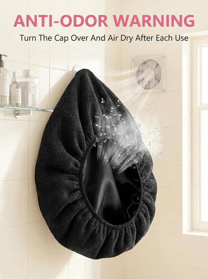 Shower Cap,Terry Lined Shower Cap for Women Reusable, Triple Layer Waterproof Bath Cap, Extra Large for Women Long Hair(Black)