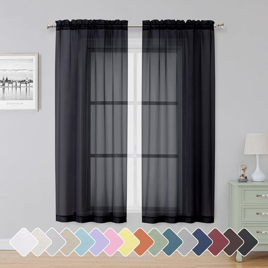 Black Sheer Curtains 63 Inch Length 2 Panels, Rod Pocket Solid Color Window Sheer Curtain Panels, Elegant Curtains & Drapes for Living Room, Bedroom 2 Panels (Black, 42" W x 63" L)