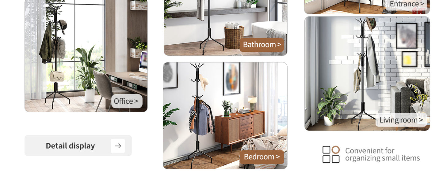Coat Rack Freestanding Coat Tree Standing Coat and Hat Hanger Jacket Organizer Rack Metal,18.3" L x 18.3" W x 71.5" H, Black