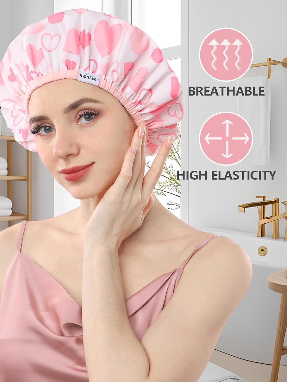 Shower Caps for Women Reusable Waterproof, Double Layer Waterproof Fabric - Both Sides Usable, Reversible Pattern & Solid Color Design, Soft Elastic Keeps Hair Dry for shower Spa Travel