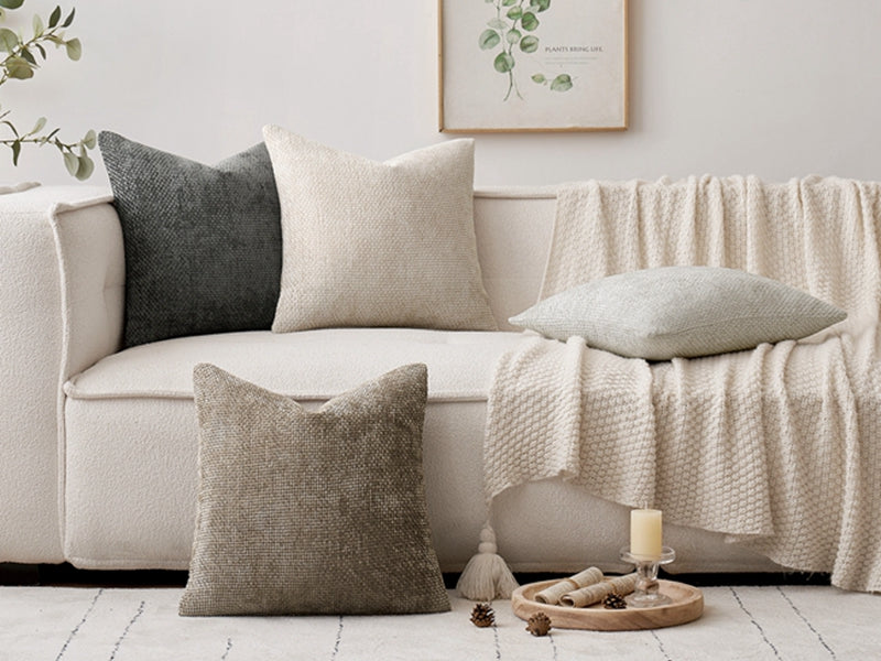 Pack of 4 Couch Throw Pillow Covers 18x18 Inch Neutral Soft Decorative Chenille Pillow Covers Farmhouse Boho Cushion Covers for Mid Century Modern Spring Home Decor Sofa Bedroom Living Room