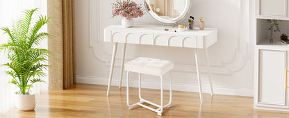 White Vanity Chair, Leather Vanity Stool, Small Stool Chair for Vanity, Square Ottoman Foot Stool, Makeup Vanity Chairs with Thick Padded Seat for Bathroom, Bedroom, Entryway, KFD01W