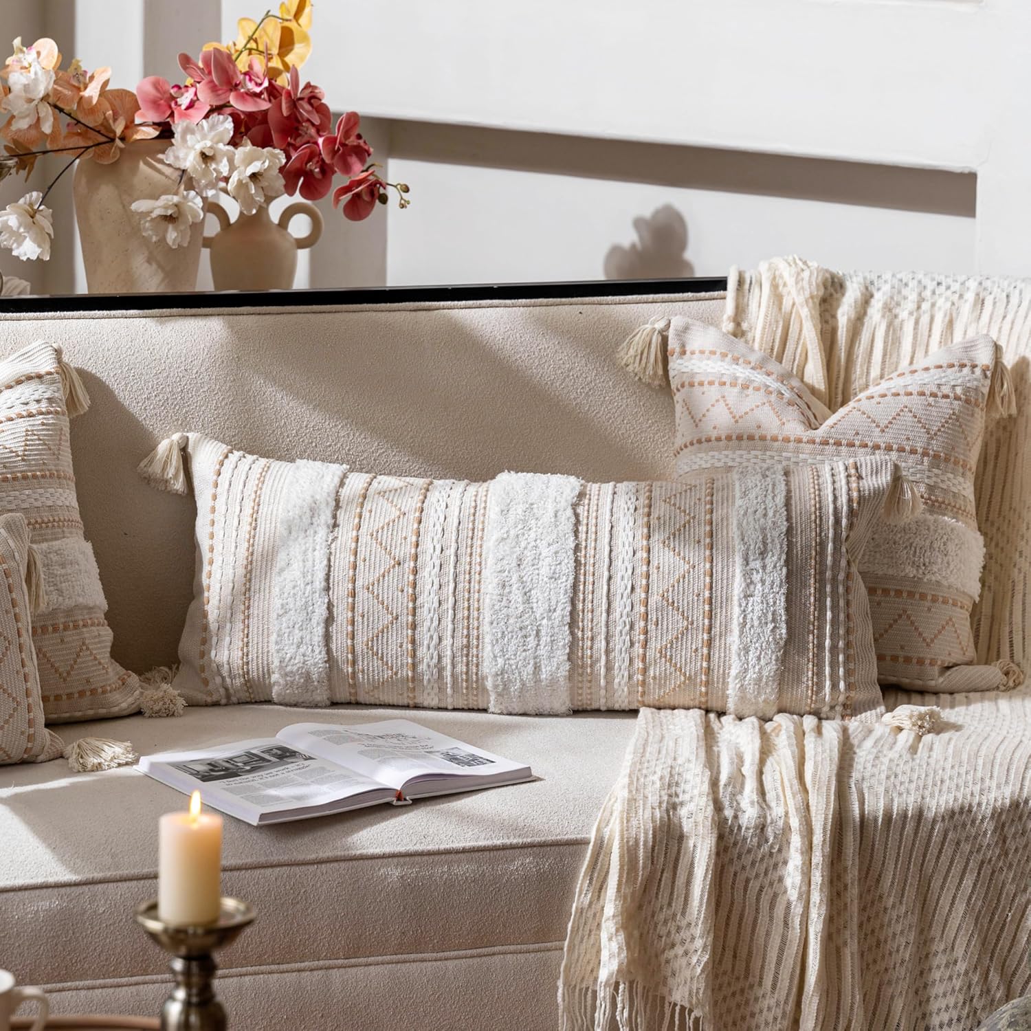 BlissBlush 14x36 Lumbar Pillow Cover for Bed, Rectangular Long Decorative Throw Pillowcase, Boho Accent Cushion with Tufted Pattern and Tassels, Cream Beige Neutral (Cover Only)