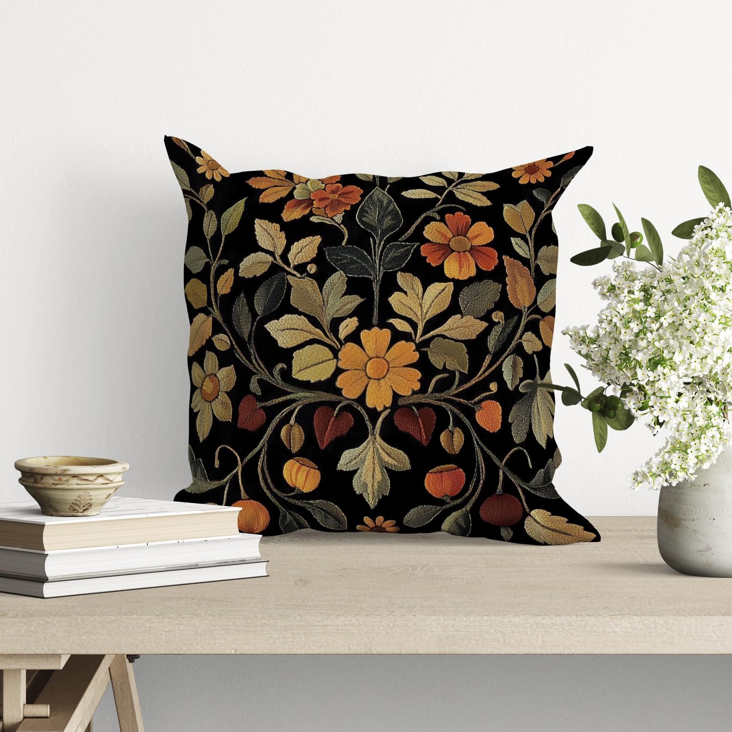 William Morris Abstract Vintage Print Floral Velvet Design Throw Pillow Covers Home Decor, Retro Art Decor Pillowcase Cushion Cover for Bed Sofa Living Room, Square 18x18inch (Black-Floral2)