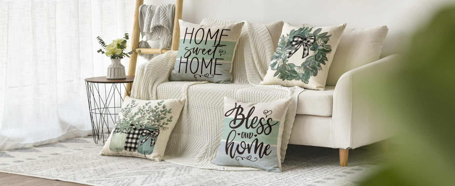 colorlife Bless Our Home Farmhouse Eucalyptus Leaves Throw Pillow Covers, 18 x 18 Inch Truck Home Sweet Home Cushion Case Decorations Set of 4