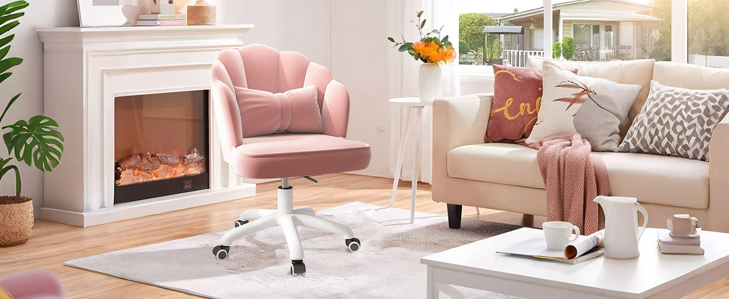 Chair with Bow Cushion Velvet Vanity Chair with Wheels, Upholstered Home Office Chair for Girls Women, Mid-Back Swivel Computer Task Chairs for Living Room Bedroom