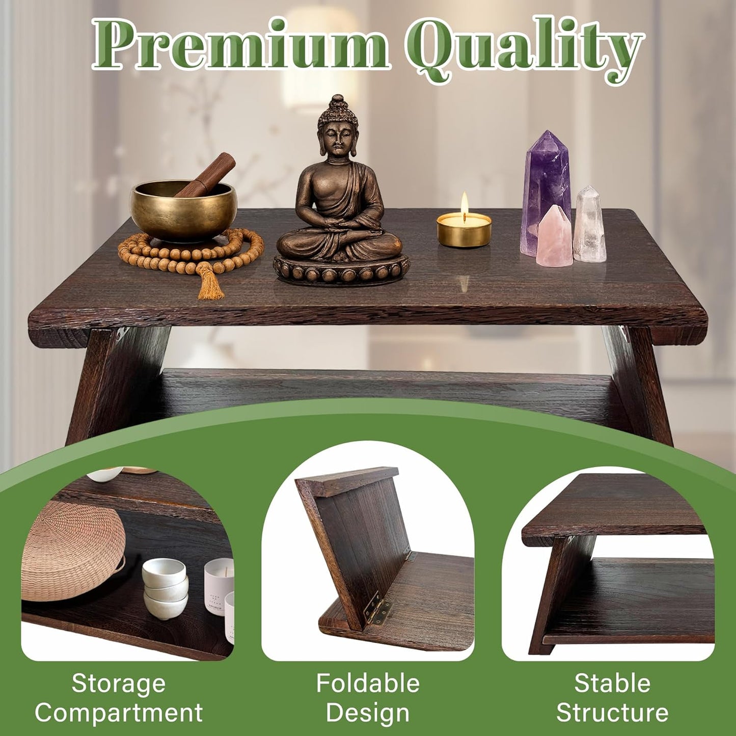 Japanese Low Floor Table Folding Coffee Tables,23''x13.5'' Paulownia Wood Tables Tatami Tables Meditation Table Altar with Storage