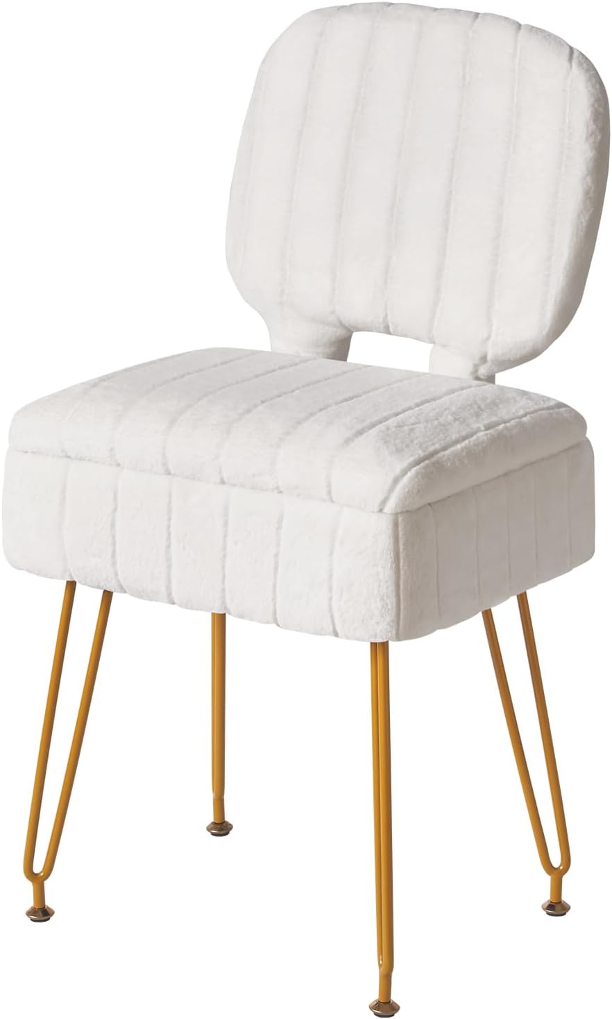 Small Storage Vanity Stool with Folding Backrest, 12.99" x 13.78" x 31.5" Square Teddy Velvet Ottoman, Makeup Chair for Living Room, 4 Metal Legs with Anti-Slip Feet, White WBD027W