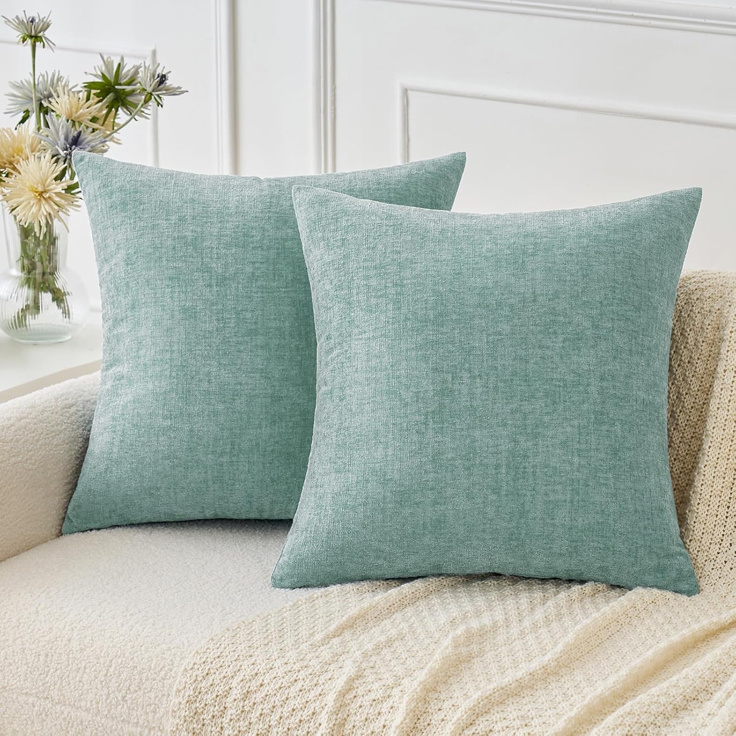 MIULEE Pack of 2 Couch Throw Pillow Covers 18x18 Inch Spring Soft Sage Green Chenille Pillow Covers for Sofa Living Room Solid Dyed Pillow Cases
