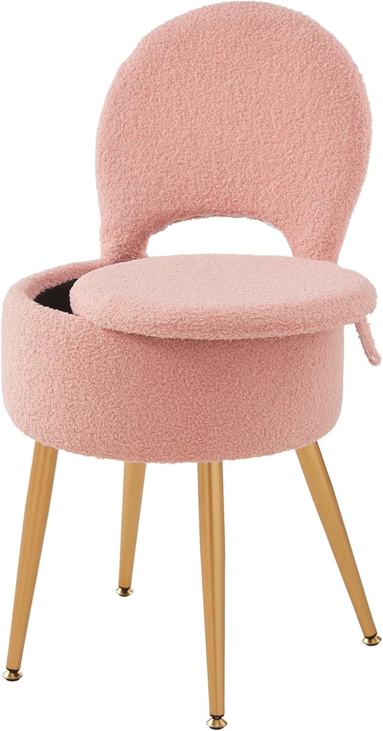 Small Vanity Stool Chair with Storage and Folding Back,4 Metal Legs with Anti-Slip Feet,Round Ottoman with Velvet Seat, Furry Padded Seat for Makeup, Bedroom (Black, Small)