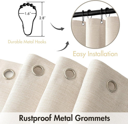Beige Scalloped Shower Curtain Linen Textured with 12 Metal Hooks Cute Heavy Duty Washable Waterproof Neutral Thick Cloth Shower Curtains with Black Border for Bathroom Bathtub,W72*L72 Cream