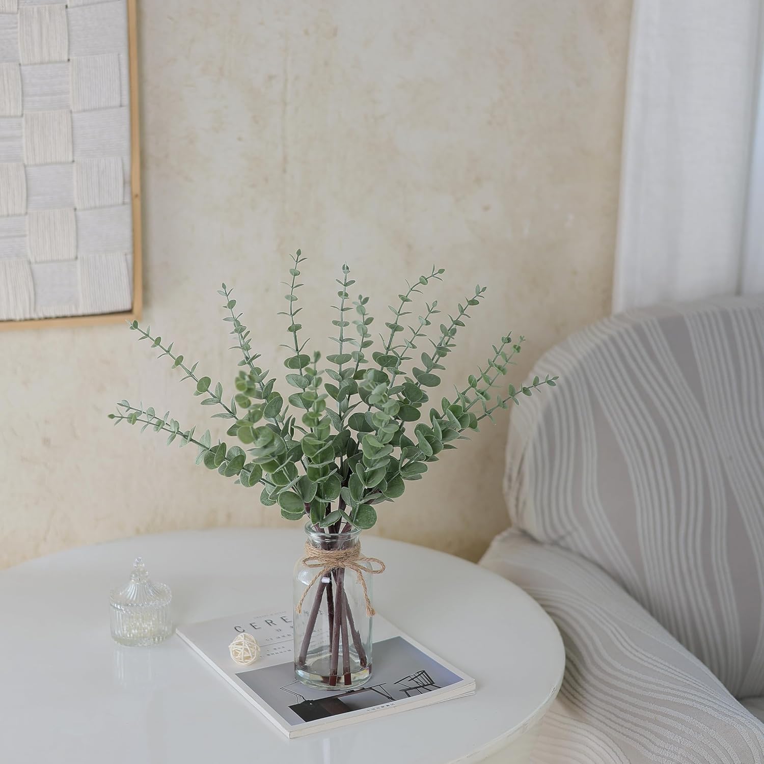 17.5" Artificial Eucalyptus Stems in Glass Vase with Faux Water,Fake Plant Eucalyptus Leaves White Seeds for Centerpiece Table Decorations Farmhouse Wedding Home Greenery Decor (Sage Green)