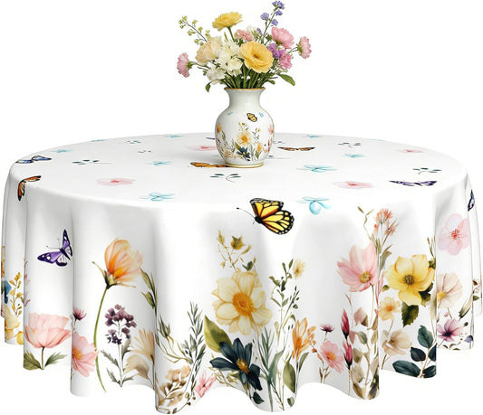 Spring Tablecloth 60 x 60 Inch Round Watercolor Flowers Table Cover Waterproof Wipeable Reusable for Kitchen Restaurant Home Parties Season Decor