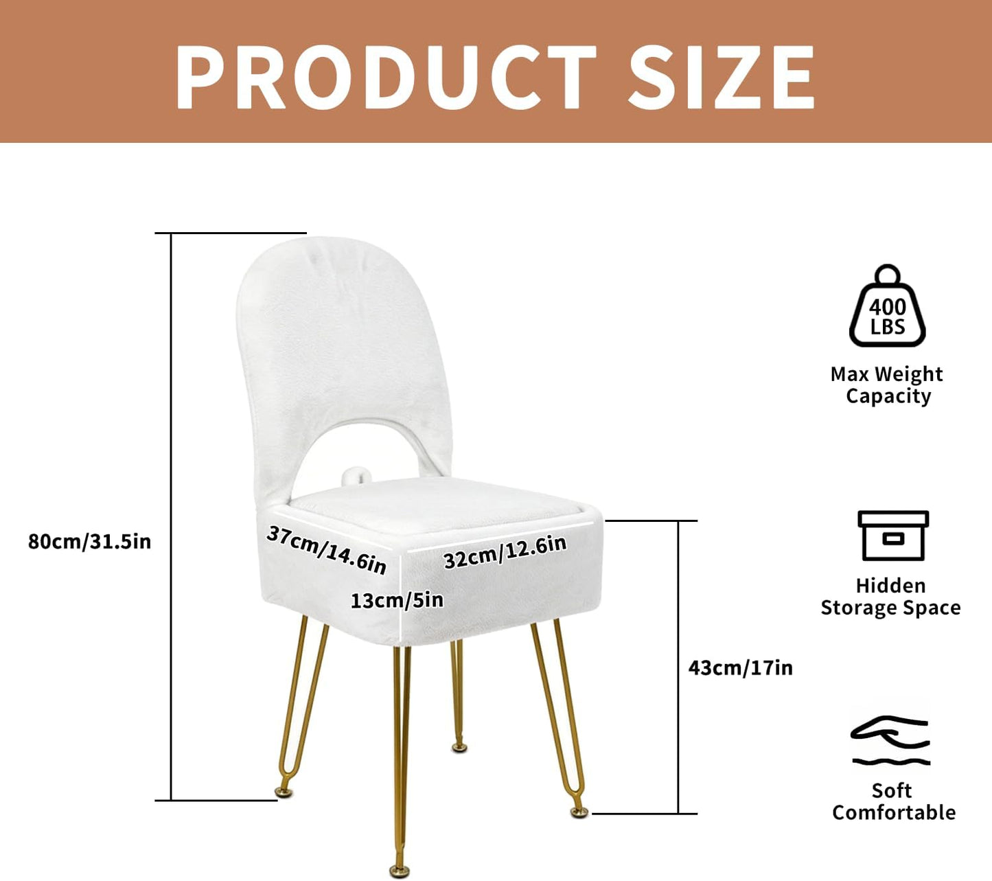 New Upgrade Small Vanity Chair with Storage and Folding Back, White Vanity Stool wiht Ergonomic Backrest and Metal Legs, Furry Padded Ottoman for Makeup Room, Bedroom