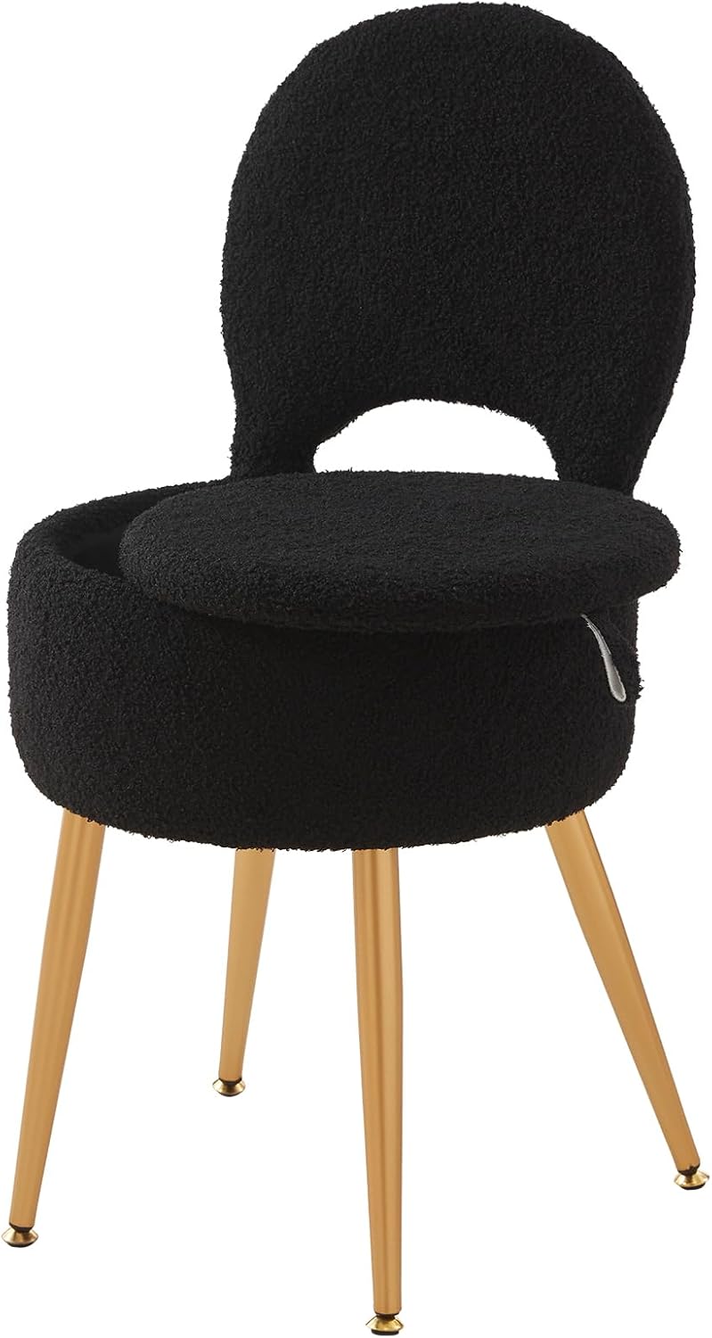 Small Vanity Stool Chair with Storage and Folding Back,4 Metal Legs with Anti-Slip Feet,Round Ottoman with Velvet Seat, Furry Padded Seat for Makeup, Bedroom (Black, Small)