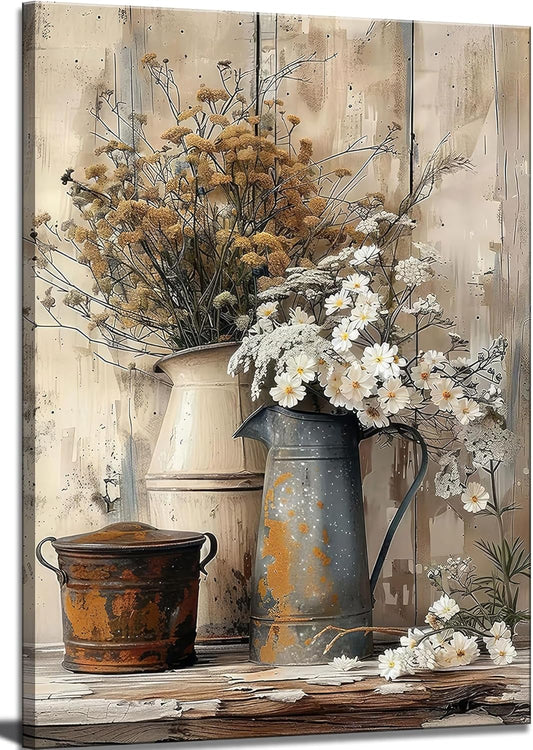 Farmhouse Rustic Daisy Canvas Wall Art Vintage Country Floral Posters Print White Jasmine Flowers and Rust Color Watering Can Wall Decor Picture for Living Room Bedroom Bathroom Decoration