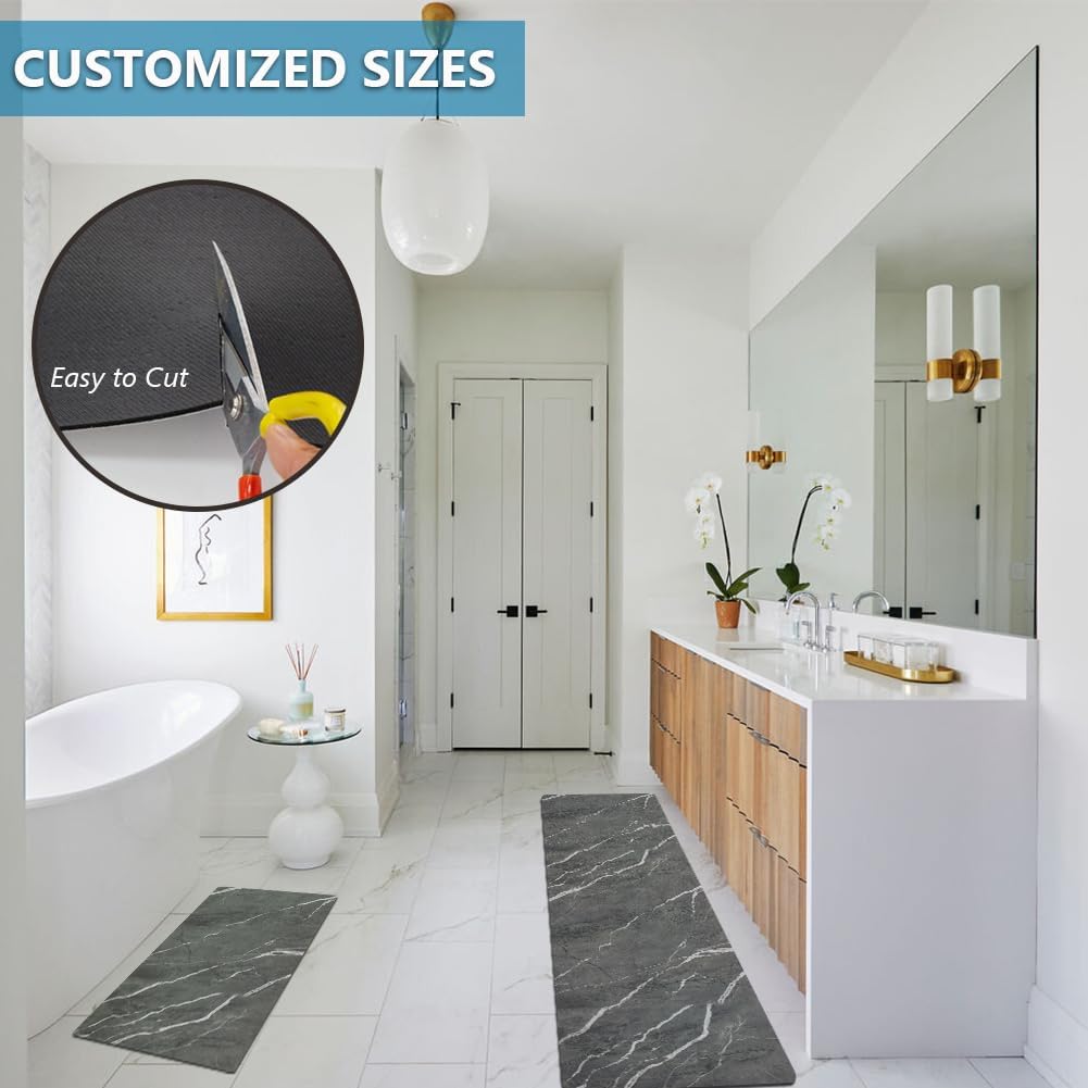Rug Custom Size-Rubber Non Slip Quick Dry Super Absorbent Thin Rugs Fit Under Door-Washable Bathroom Floor Mats for in Front of Bathtub,Shower Room,Sink, Gray Marble, 3' x 5'